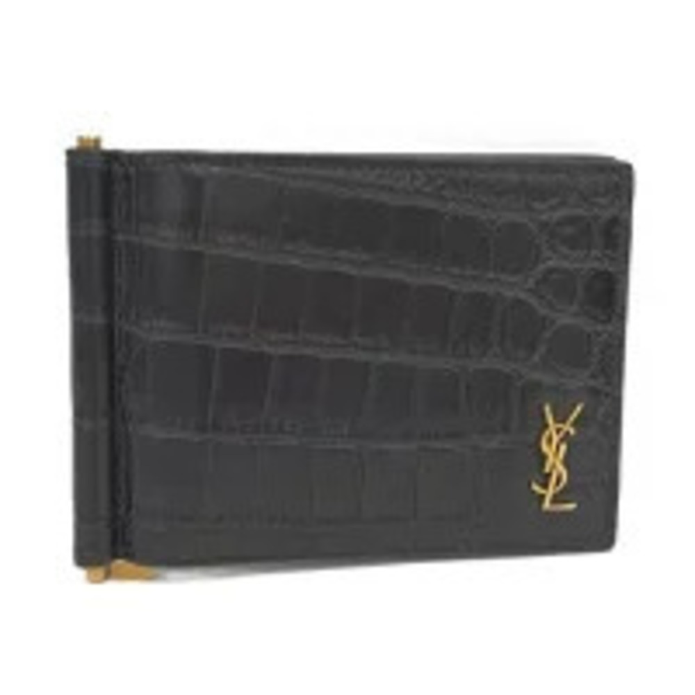 SAINT LAURENT Card Case Wallet Money Clip Crocodile Leather Black